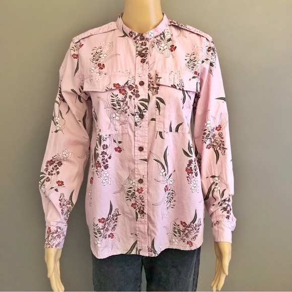 Vintage Tops - Joe Fresh Boho Cottagecore Pink Floral Pattern Artsy Button Down Shirt Blouse.